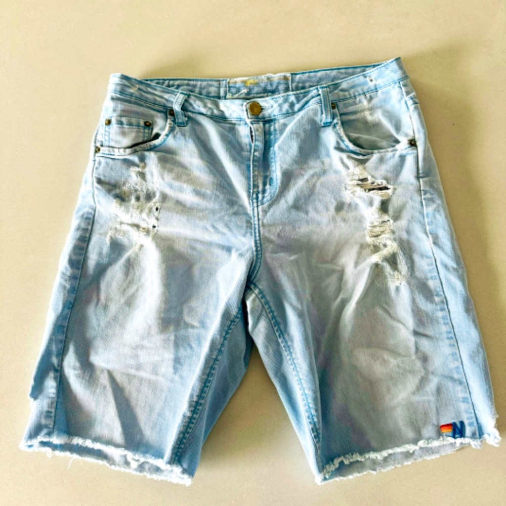MENS AVIATOR NATION Blue White Distressed Raw Hem Denim Jean Casual Shorts 33